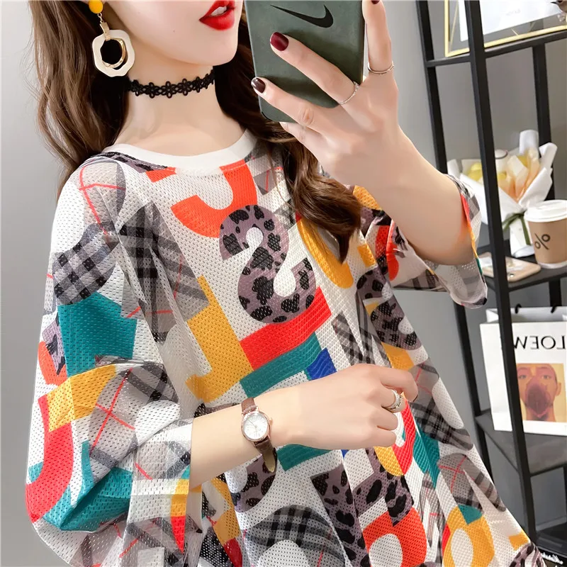 Summer T-Shirt Dress Female Fashion Short-Sleeved Mesh Ice Silk Loose Dresses Lady Digital Printing Half-Sleeve Tops Clothes