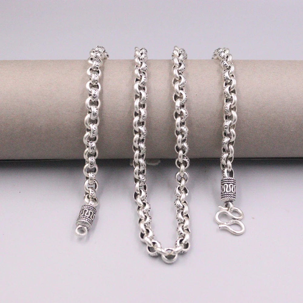 Real 925 Sterling Silver Necklace 6mm Floral Rolo Link Chain 22inch Stamped S925 M Clasp