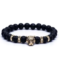 Natural Stone Lava Stone Bead Strand Bracelet for Men Male's Leopard Pendant Panther Head Charms Bracelet Jewelry on Hand