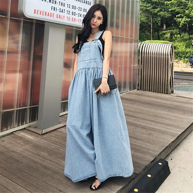 

Strap Ankle Length Long Denim Dress Loose Flounced Strapped High Waisted A Line Oversized Cowboy Dresses