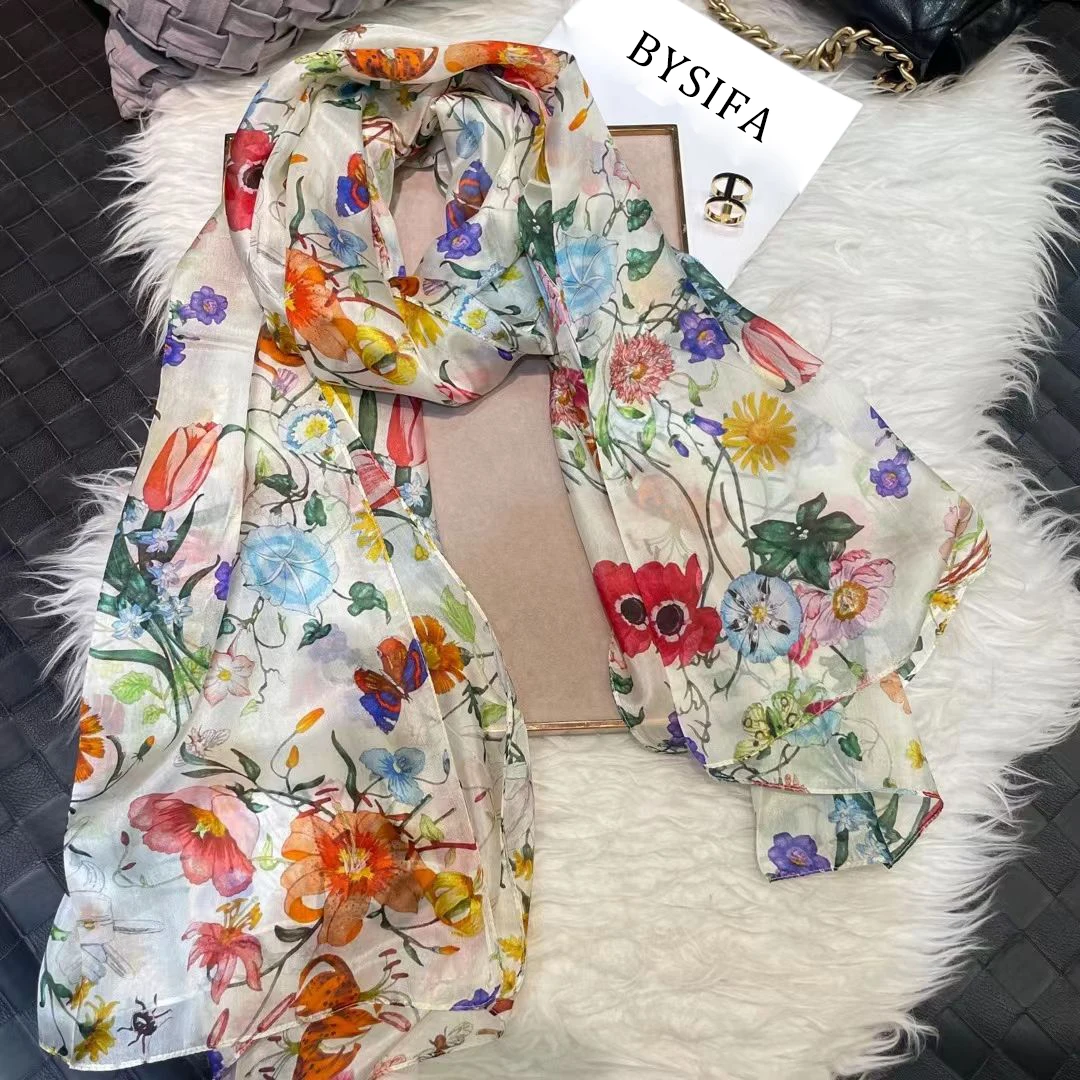 BYSIFA weiß100 % Seidenschal Damen Schals Bufandas Sommer Strandschals Foulard Herbst Winter Marke Blumendesign Lange Halstücher Hijabs 10