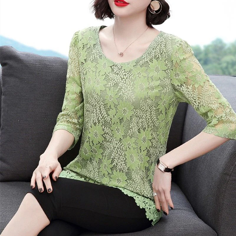 Women Spring Summer Style Lace Blouses Shirts Lady Casual Half Sleeve Flower Printed Lace Blusas Tops ZZ0333