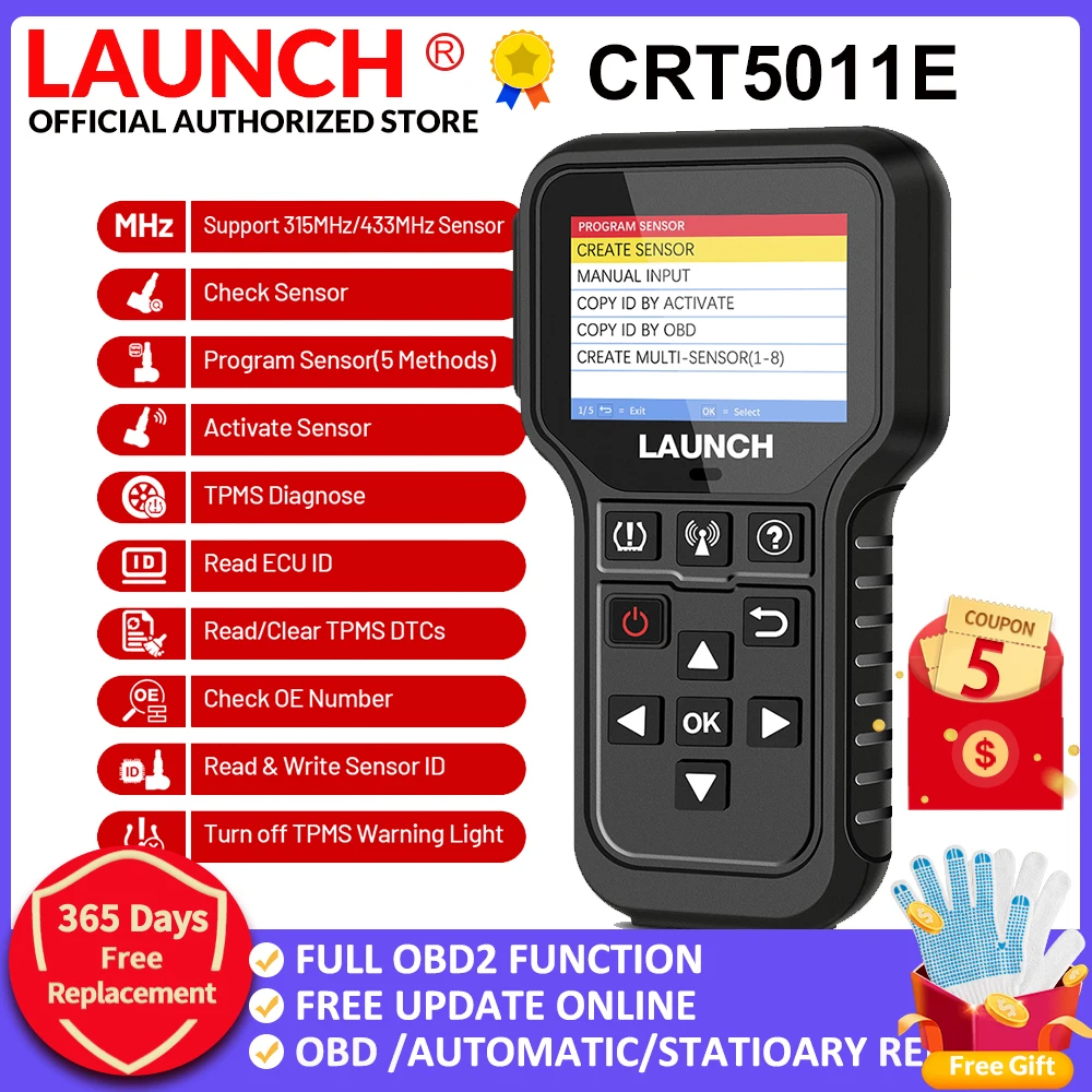 LAUNCH X431 CRT5011E TPMS Activation Diagnostic tools Reset Relearn reprogram 315 MHz 433 MHz tire pressure sensors OBD2 Scanne