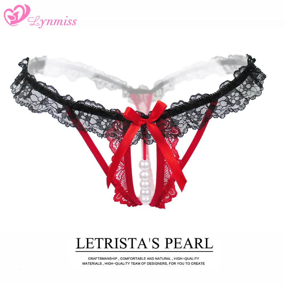 Lynmiss-Tanga con perlas para mujer, ropa interior erótica de encaje, lencería erótica, picardías