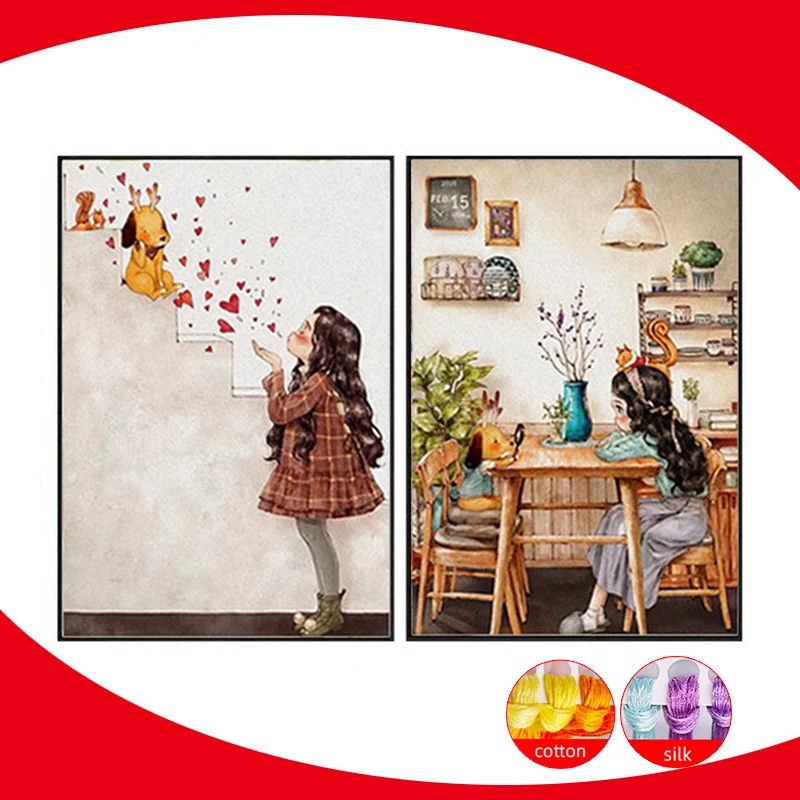 Zozack Cartoon Girl Chinese Cross Stitch Kits Embroidery Needlework Sets Enjoy Afternoon Tea Time Patterns 11CT DIY Home Decor