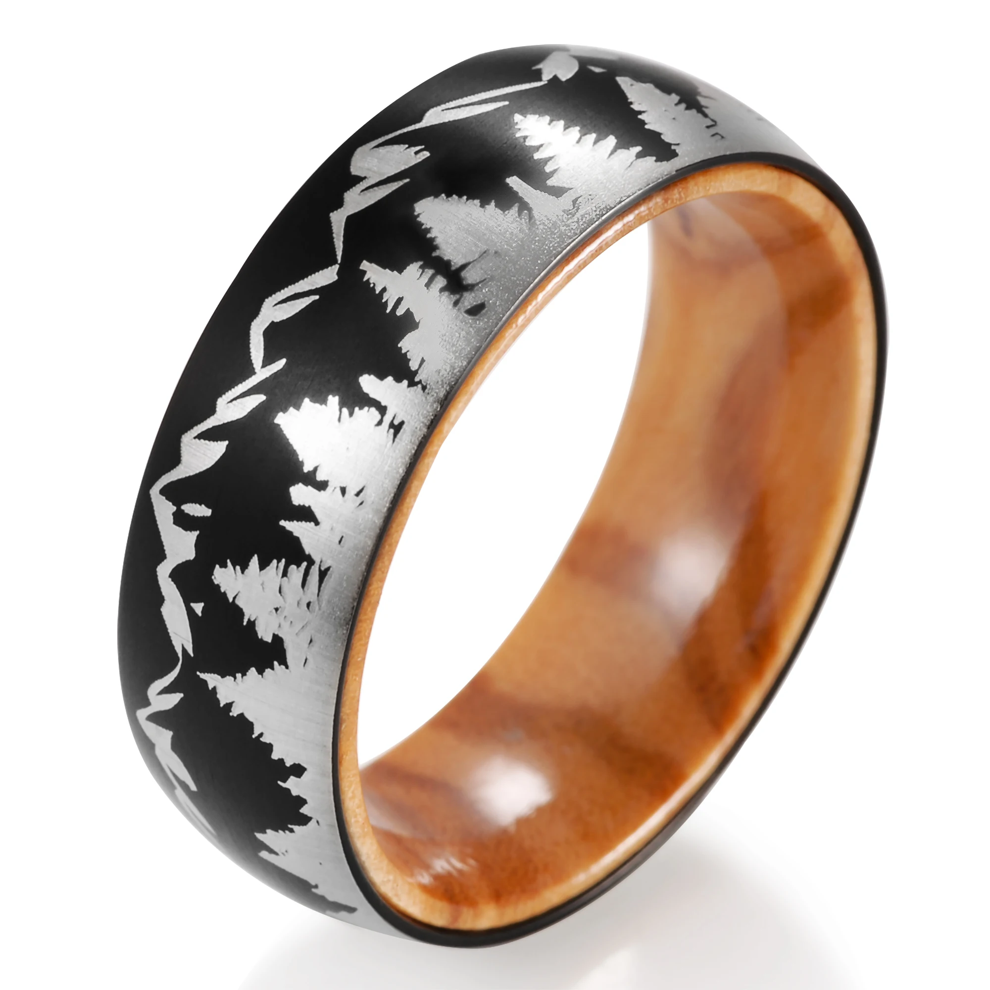 8mm Mountain&Forest Scene Ring Titanium Wooden Ring Men’s Wedding Band Black Men‘s Wood Ring - Black Titanium Wedding Band