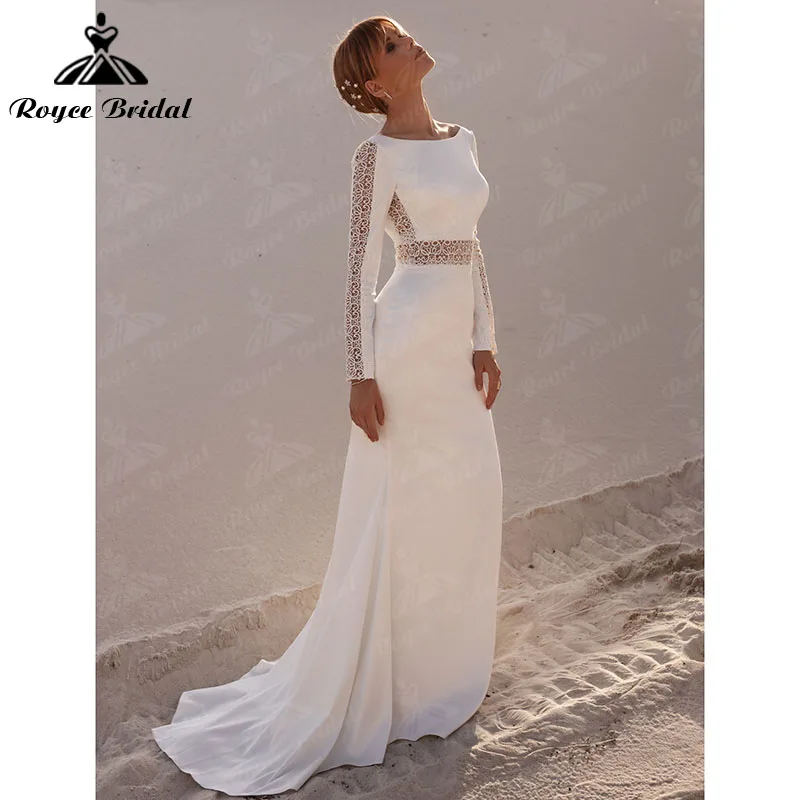 Elegant Boho Wedding Dresses Mermaid O Neck Satin Lace Cut-out Long Sleeve V Shape Back Backless Beach Customized Roycebridal