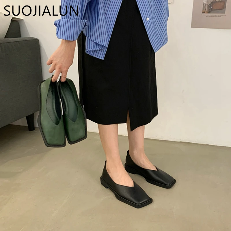 SUOJIALUN 2022 Spring New Flat Shoes Square Toe Square Toe Shallow Mouth Slip on Loafers Ladies Casual Shoes Zapatos Mujer