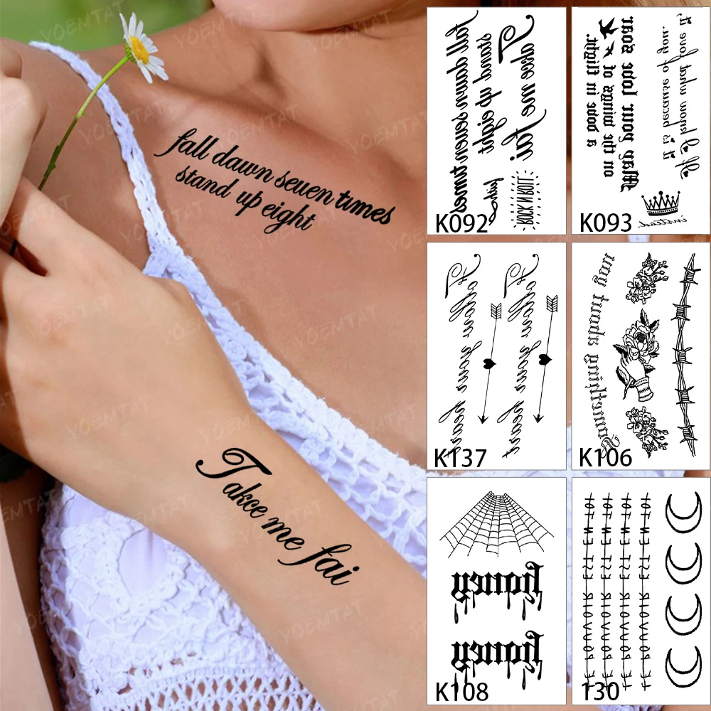 6pcs/lot Waterproof Temporary Tattoo Sticker Arabic English Letter Crown Black Flash Tatoo Woman Wrist Body Art Fake Tatto Man