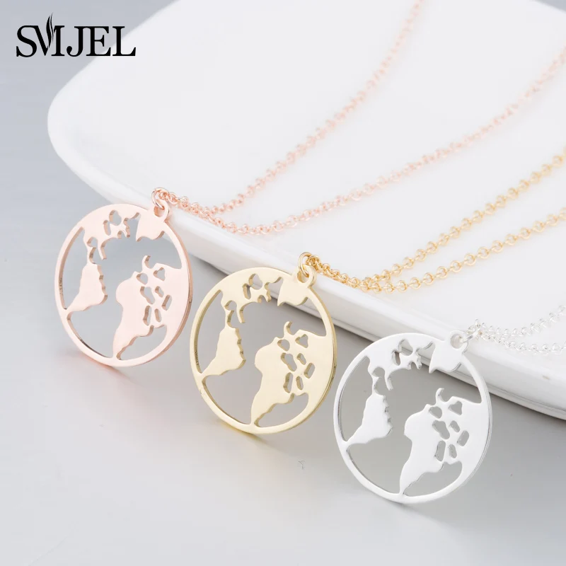 SMJEL Stainless Steel World Map Necklace pendants for Women Earth Day Gifts Wanderlust Travel Globe Jewelry Collier Femme 2025