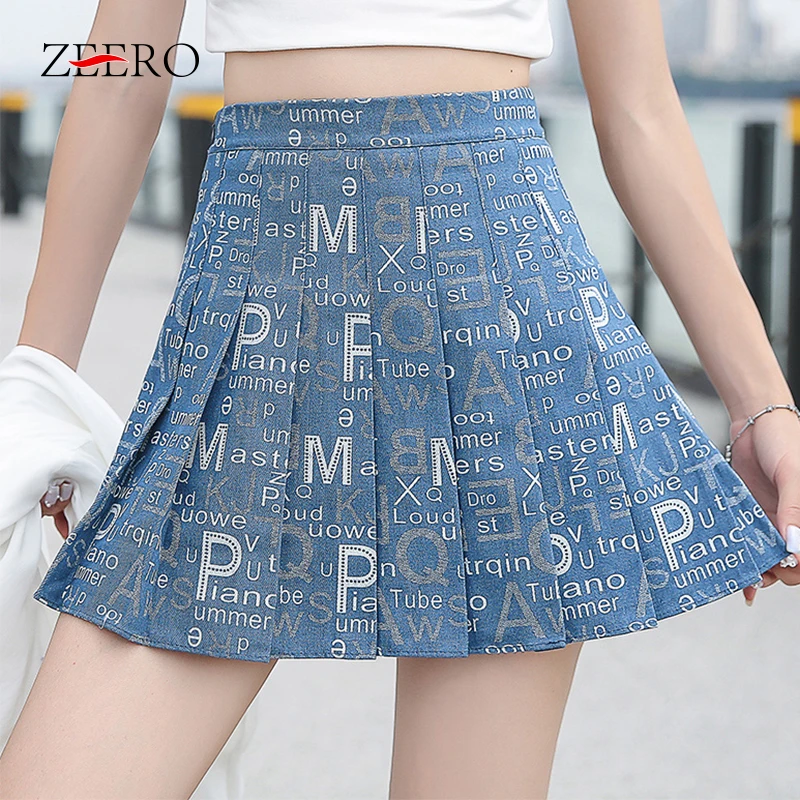 

Summer Korean Women Printed Letters Pleated Slim Mini Skirt Female High Waist Casual A-Line Skirts Imitation Denim Skirt 2023