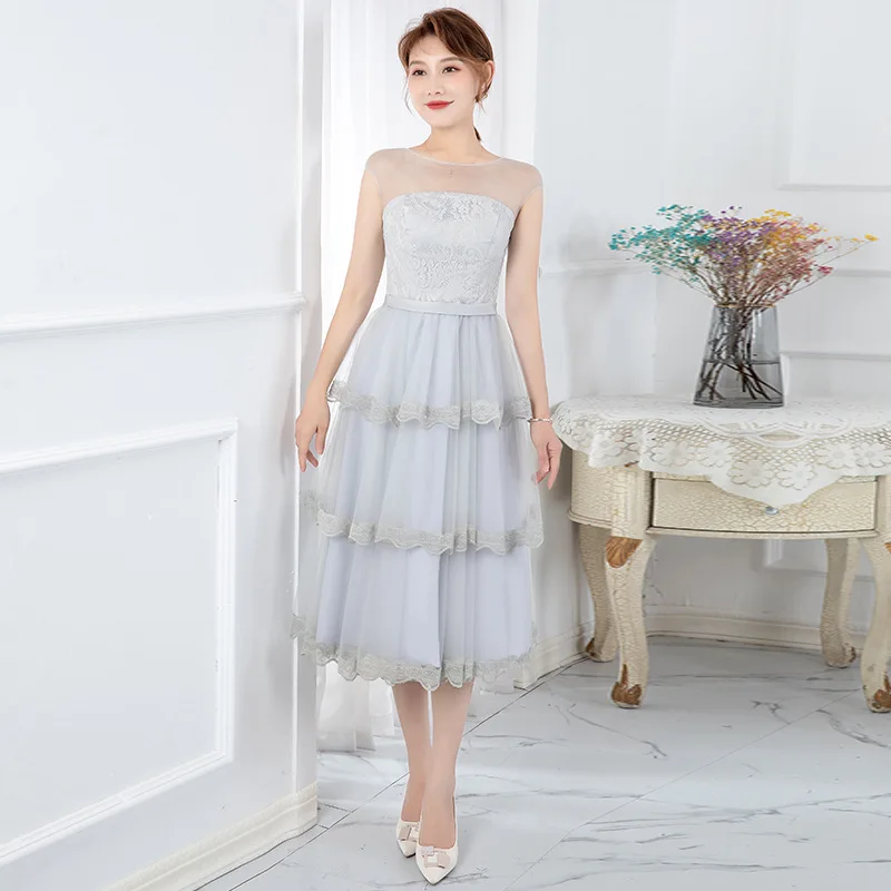 Navy blue evening dress summer autumn cake dress 2021 new fashion sleeveless lace bridesmaid dress banquet party dresses