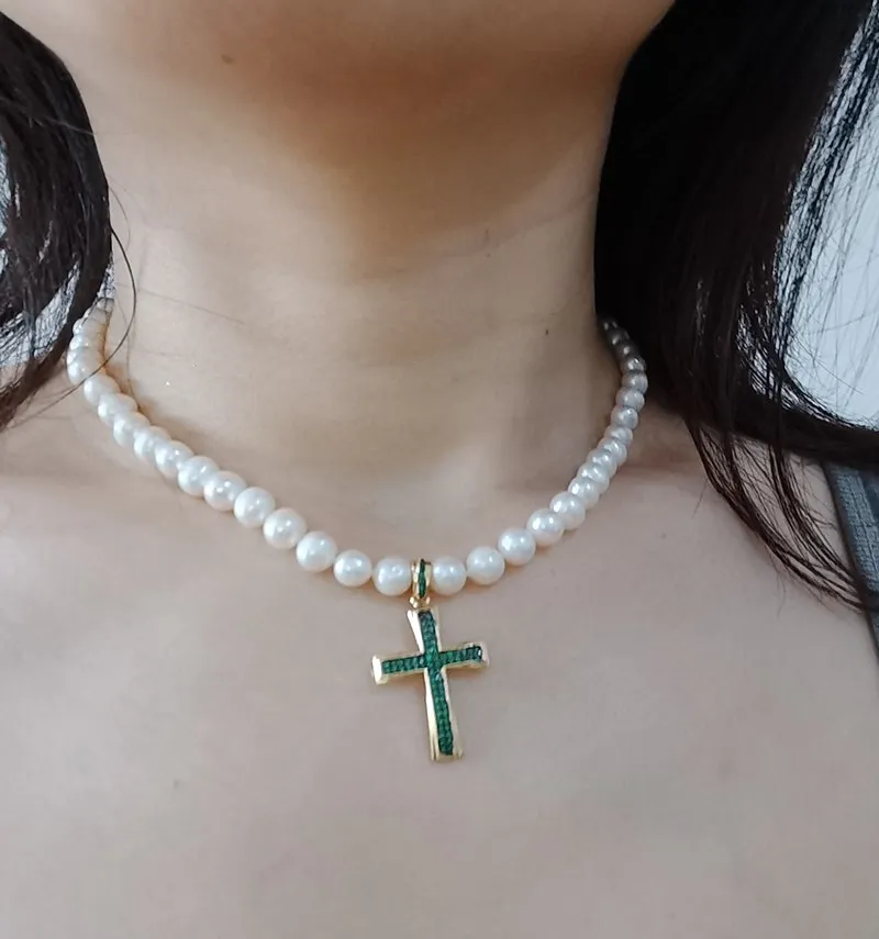 

white pearl round necklace+zircon cross pendant chocker necklace red/blue/green freshwater pearl near round FPPJ