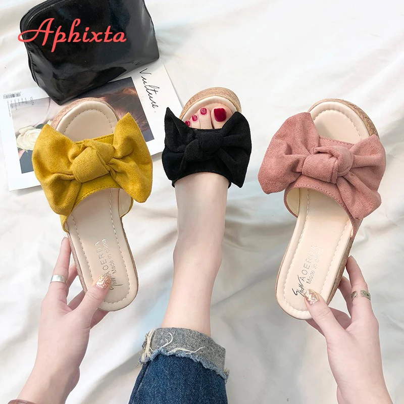 Aphixta 7 centimetri o 9 centimetri Donne di Estate Pantofole Cuneo Della Piattaforma Appliques Bow Spiaggia Antiscivolo Sandali Femminili Clog