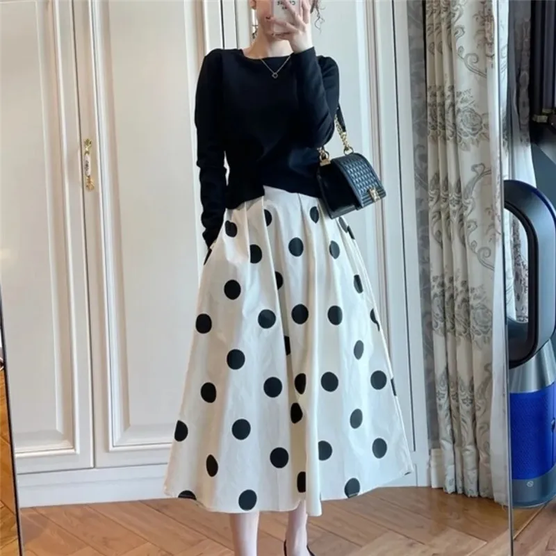 2023 Vintage Polka Dot Big Swing A-line Skirts Spring Summer Slimming High Waist Elasticity Skirt Women Long Skirt Casual Female