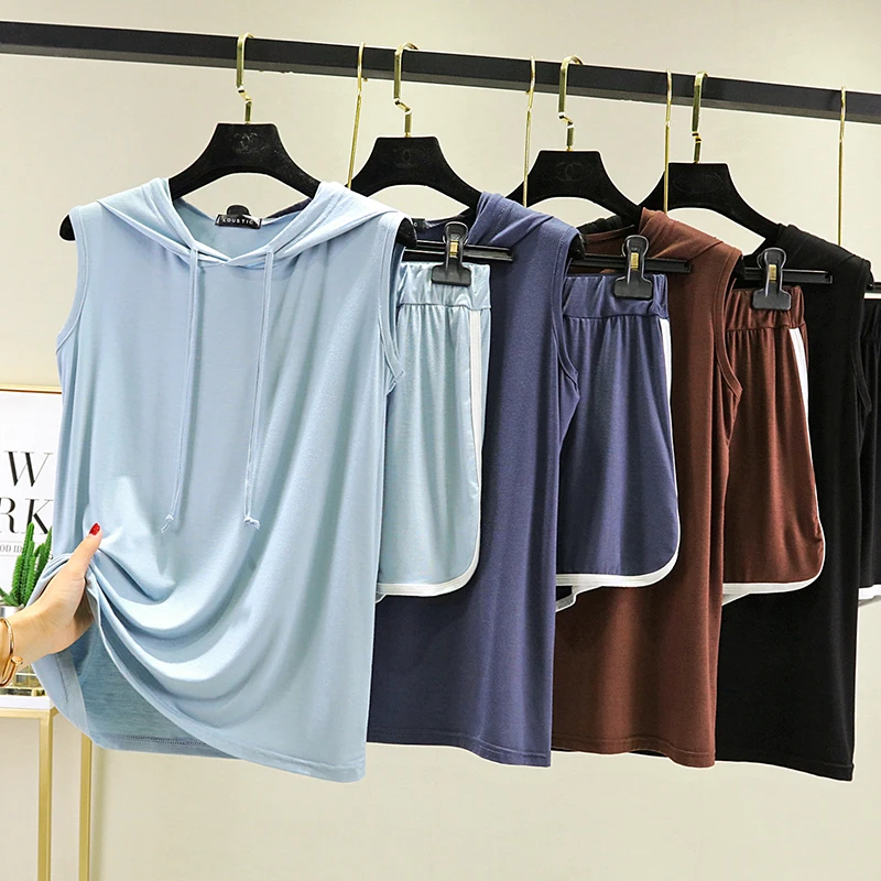 New Ensemble Femme 2 Pièces Women Pyjamas Summer Modal Home Suits Female Cotton Hooded T-Shirt +Loose Shorts Pants Tracksuits