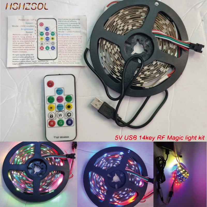 

USB 5V 14key RF wireless control LED Strip set Muti color Dream Color WS2812 RGB SMD5050 Strip Lighting with Remote controller