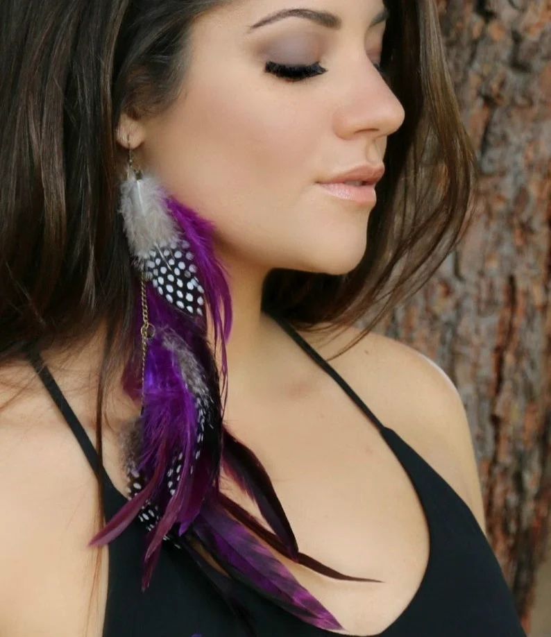 Gorgeous Purple black and white polka dot Feather Earrings Extra Long Feather Earrings - Long Brown Feather Earrings