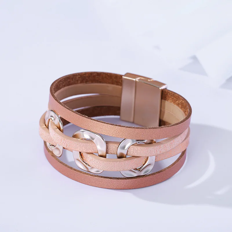 European And American Original Pop Atmospheric Pu Leather Multi-layer Magnet Buckle Hand Woven Bracelet Square Lady Jewelry