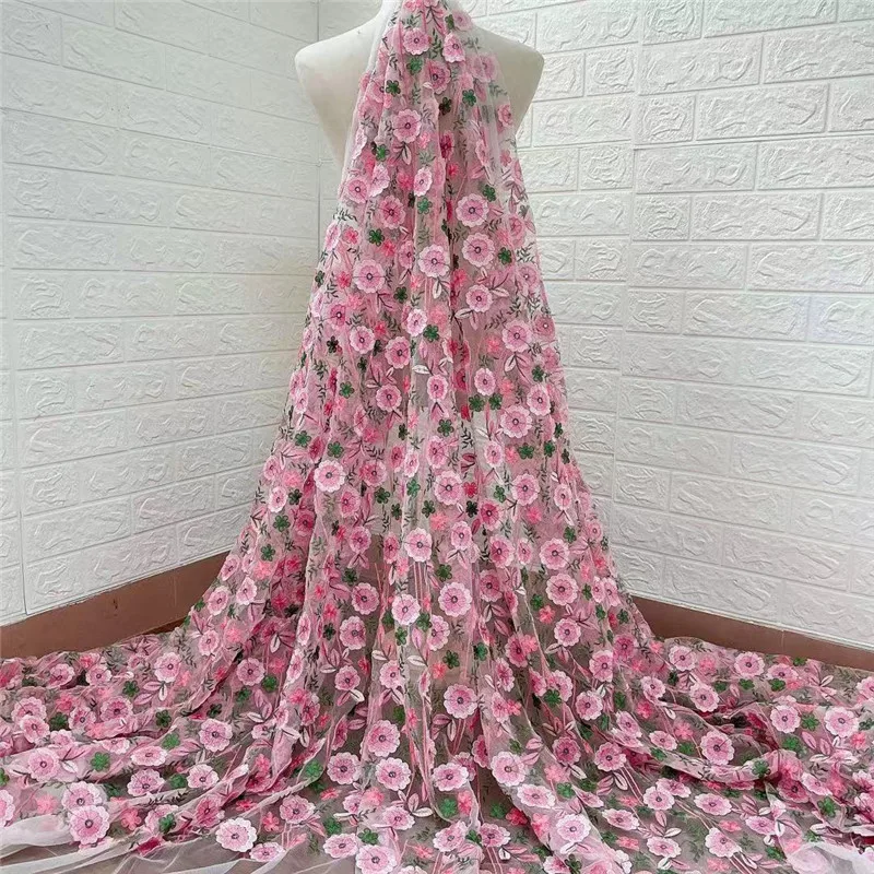 USD 20 only 4 Yards Pink 3D Applique Floral  Tulle Embroidery Party Gown Evening Dress Lace Fabric DIY Sewing Fabric