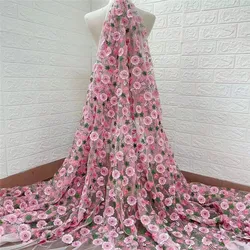 USD 20 only 4 Yards Pink 3D Applique Floral  Tulle Embroidery Party Gown Evening Dress Lace Fabric DIY Sewing Fabric