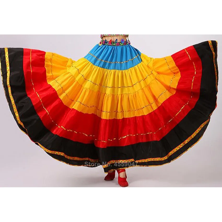 Patchwork Rainbow Color Flamenco Skirt for Women Gypsy Girls Big Swing Spanish Toreo Belly Dancing Costumes Performance