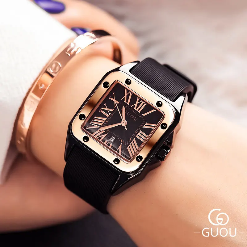 Fashion GUOU Brand Watch Rectangula Quartz Ladies Women\'s Watches Leather Upscale Large Dial Top Luxury Women relogio feminino