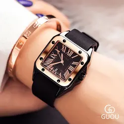 GUOU-reloj rectangular de cuarzo para mujer, pulsera de cuero de lujo con esfera grande, a la moda