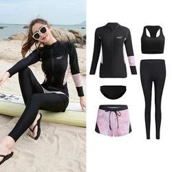 Women's 5pcs Rash Guard set Long Sleeve Active Tops and Bottoms Zip Shirt Pants Bikini Rashguard Swimsuit Full Body Sun Suits