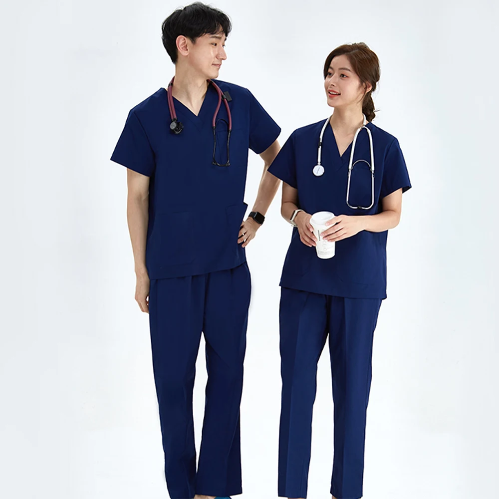 Conjunto de uniforme médico para hombre y mujer, 2 piezas, Top con cuello en V, pantalones con cordón, traje delgado de lactancia con bolsillo ligero y suave