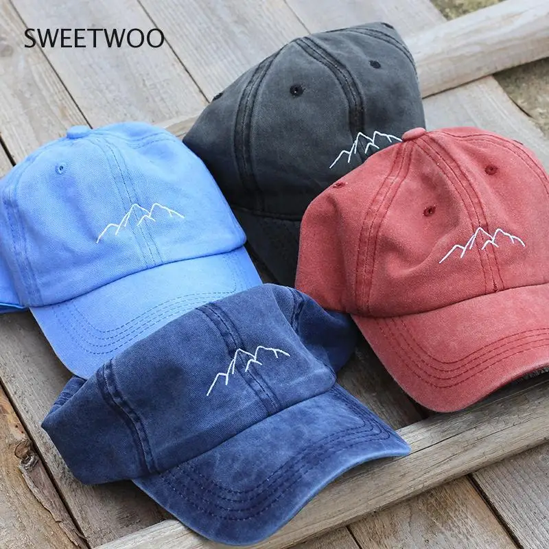 2021 New mountain peak embroidery cap outdoor leisure Washed Baseball Caps Adjustable Hip Hop hat  100%Cotton Women Man  hats