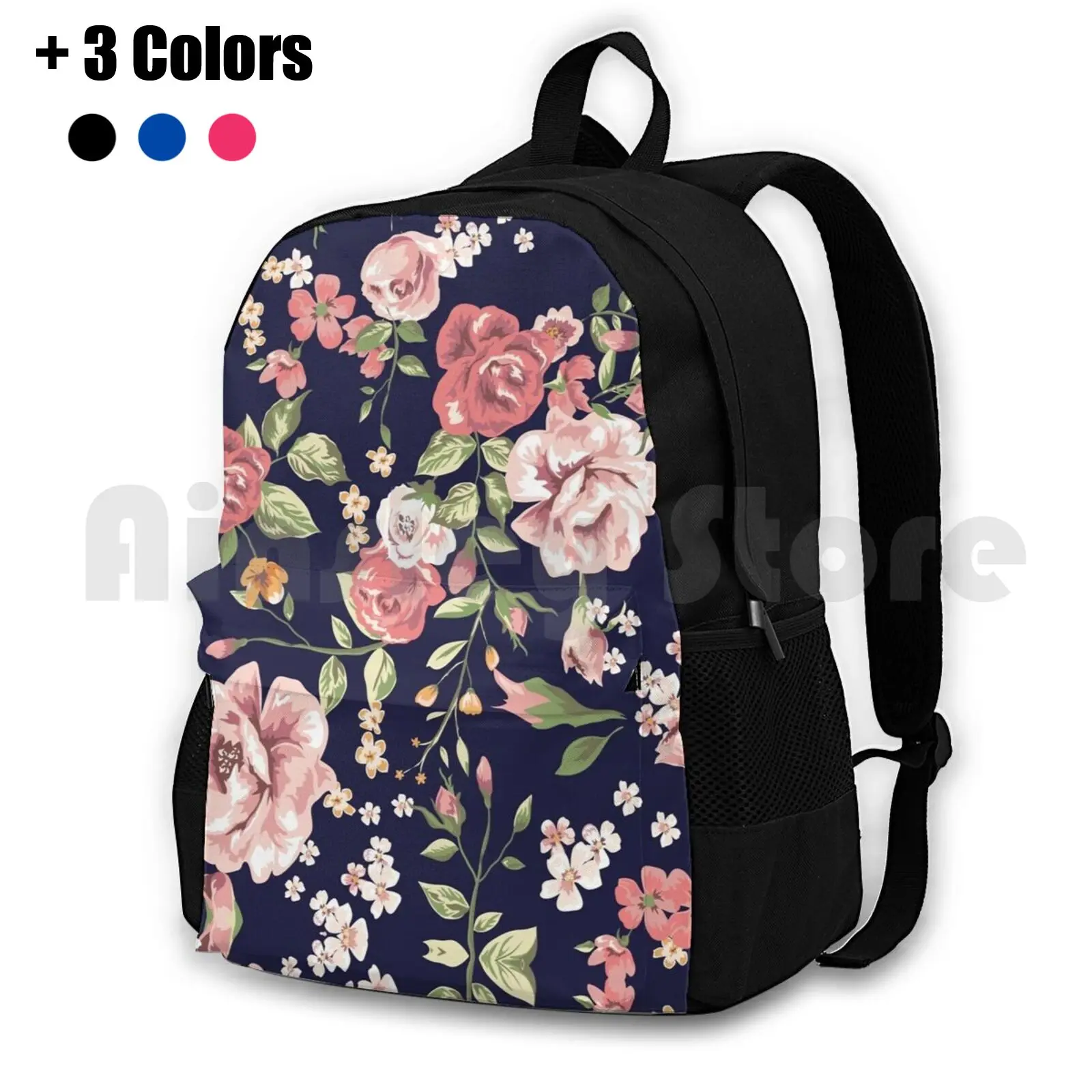 Floral Outdoor Hiking Backpack Riding Climbing Sports Bag Floral Flower Allover Dark Blue Roses Vintage Trend Beige Luxury