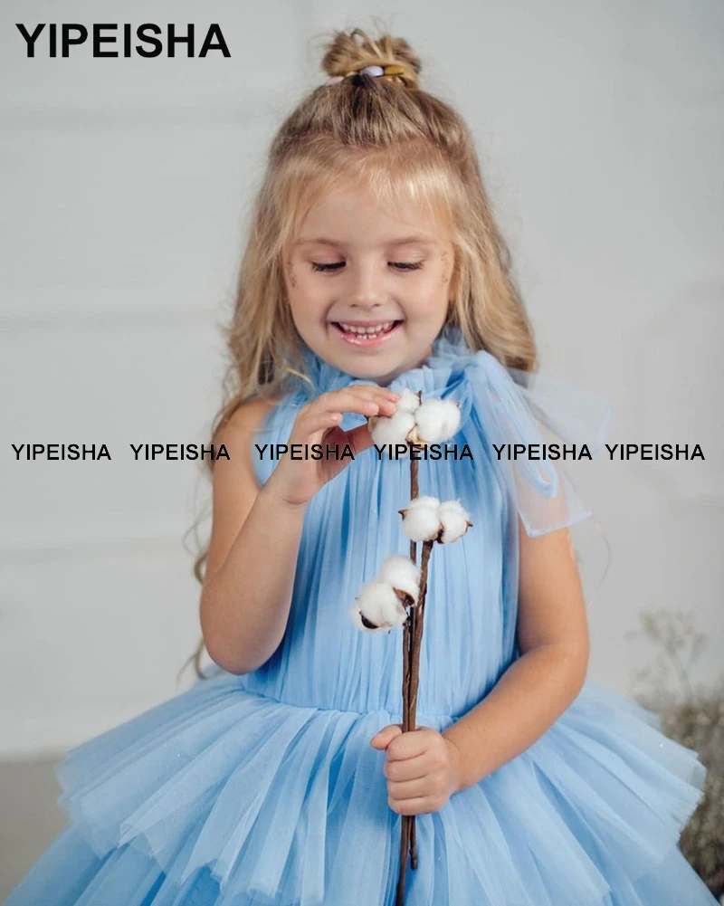 Yipeisha Sky Blau Blume Mädchen Kleider für Hochzeit Kleine Mädchen Pageant Kleid Tiered Rock Kleinkind Cupcake Erste Kommunion Kleid