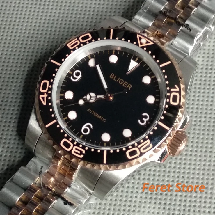 

Bliger 40mm Rose Gold Men's New Top Mechanical Watch Sapphire Crystal luminous dial Ceramic Bezel NH35 Movement Automatic Watch