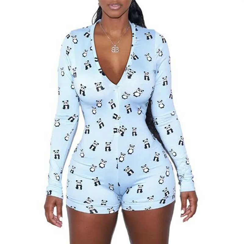 Sexy Women V-neck  Bodycon Sleepwear  Button Short Romper home wear Tracksuit Pajamas  Leotard Long Sleeve  Jumpsuit Overalls