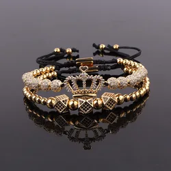 New Design Luxury Crown Jewelry Gold Plated CZ Pave Charm Beaded Macrame Bracelet Set Male