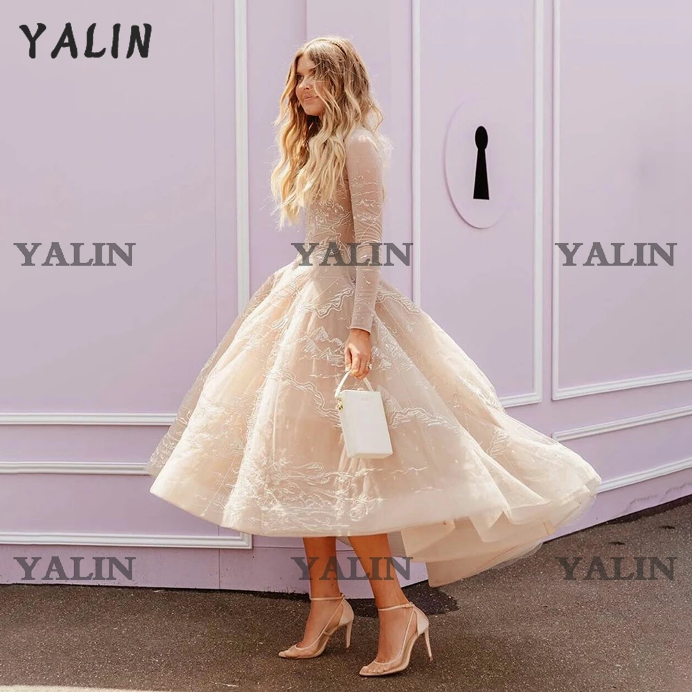 YALIN Elegant High Low Prom Dresses Long Sleeves Ankle Length Pleated Homecoming  Applique Lace vestidos de fiesta