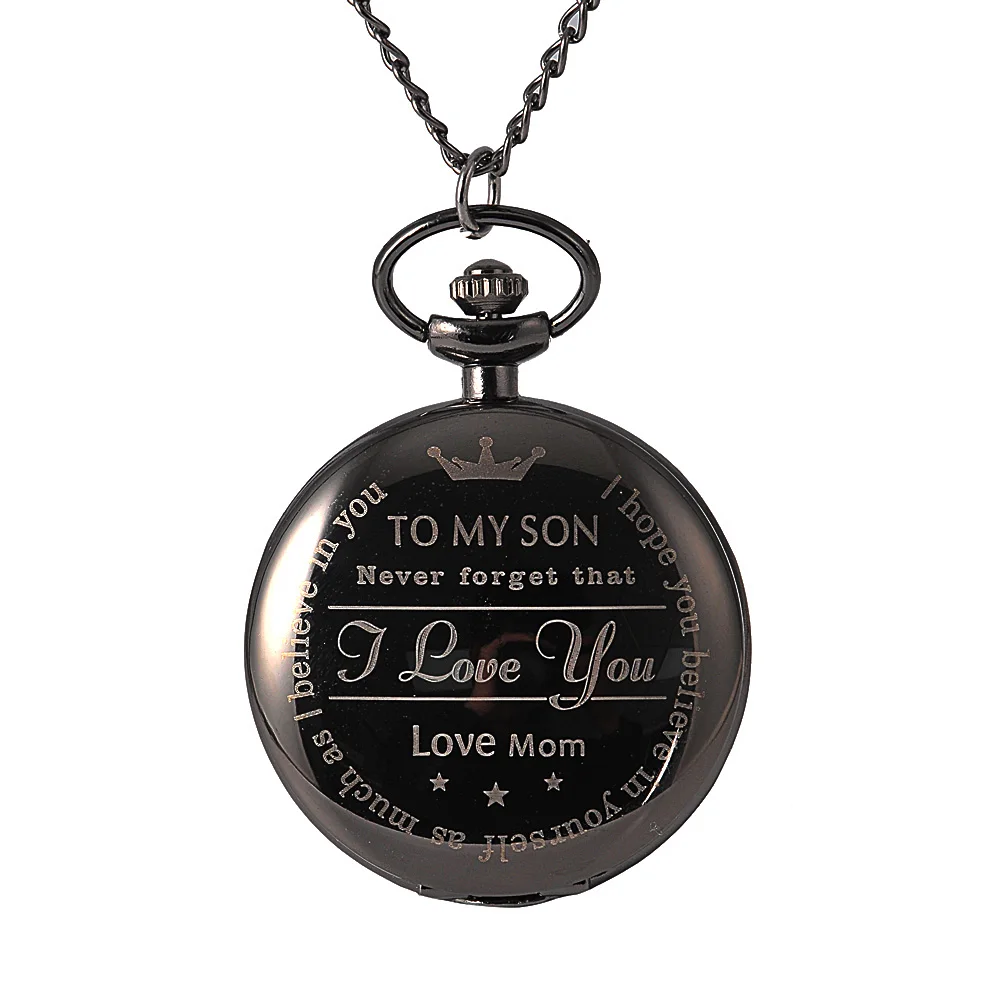 

Retro large size quartz pocket watch TO MY SON LOVE MOm series black smooth face Roman scale pocket watch with necklace