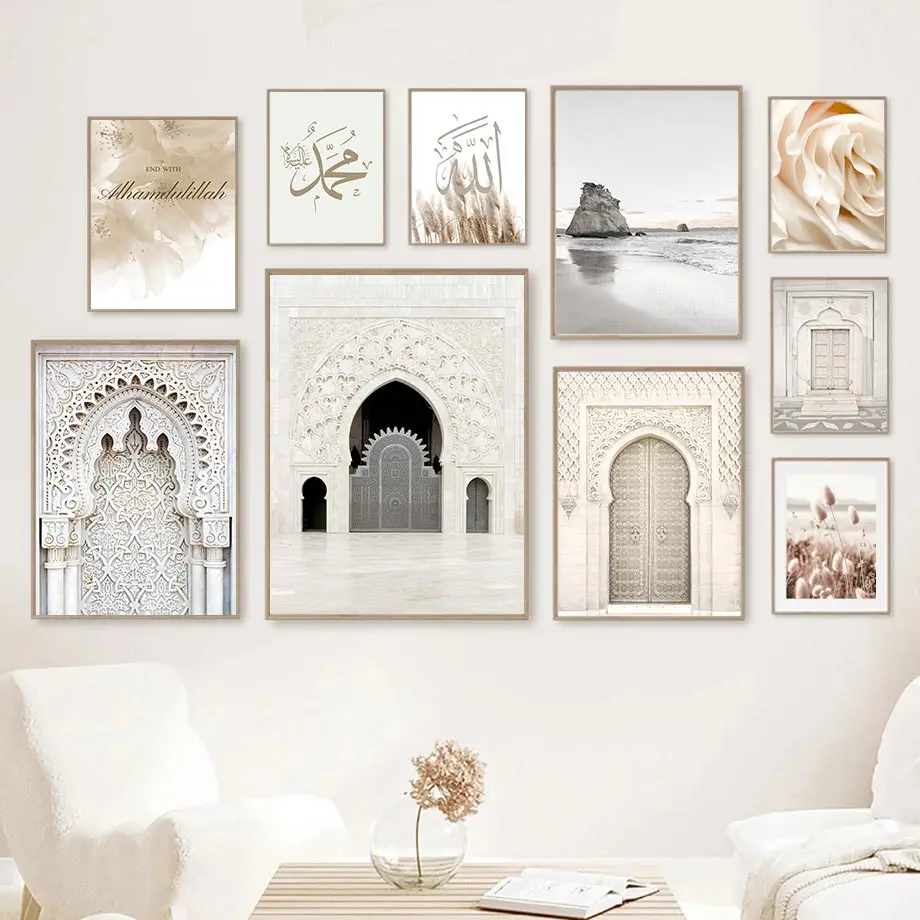 Islamic Architecture Landscape Poster Mosque Door Wall Art Canvas Painting Flower Calligraphy Pictures Print Living Room Decor