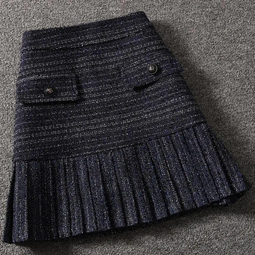 

autumn winter vintage small fragrance tweed woolen mini skirt women high waist pleated skirt