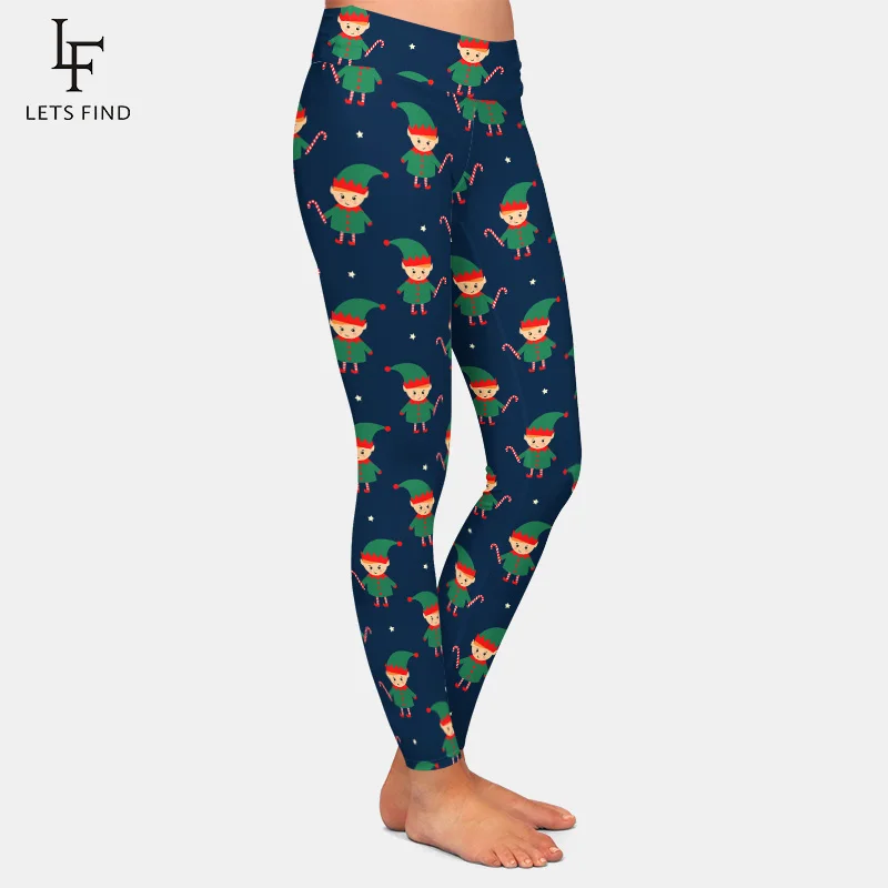 LETSFIND Cute Christmas Elf with Candy Digital Printing Women Elastic Leggings High Waist Warm Winter Leggings