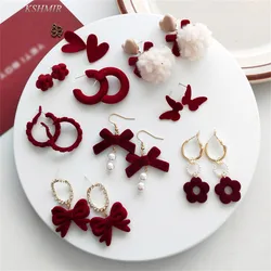 2022 New temperamental red fuzz ball earrings Autumn/winter new love bow earrings delicate female accessories
