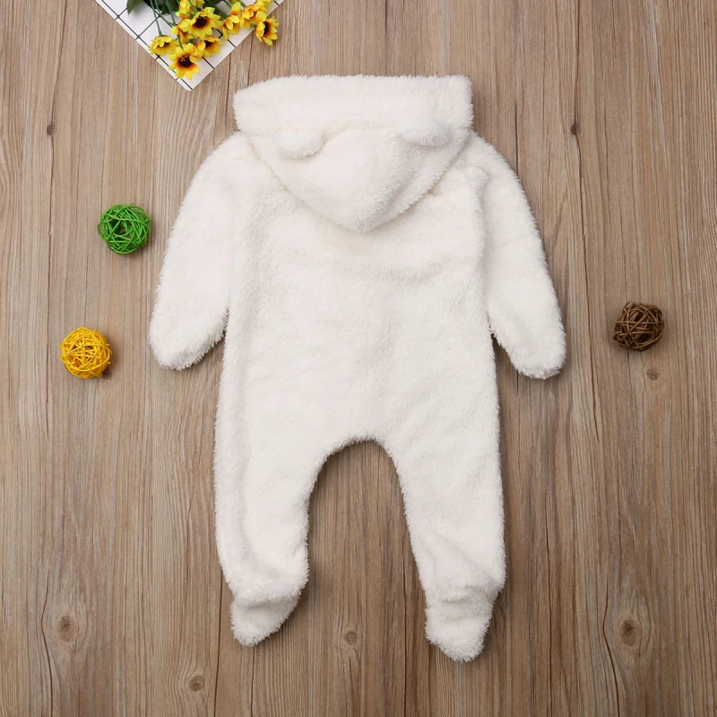 Newborn Toddler Baby Girl Boy Hooded Romper Jumpsuit Winter Outfits Fuzzy Fleece Plush Clothes 0-24Months