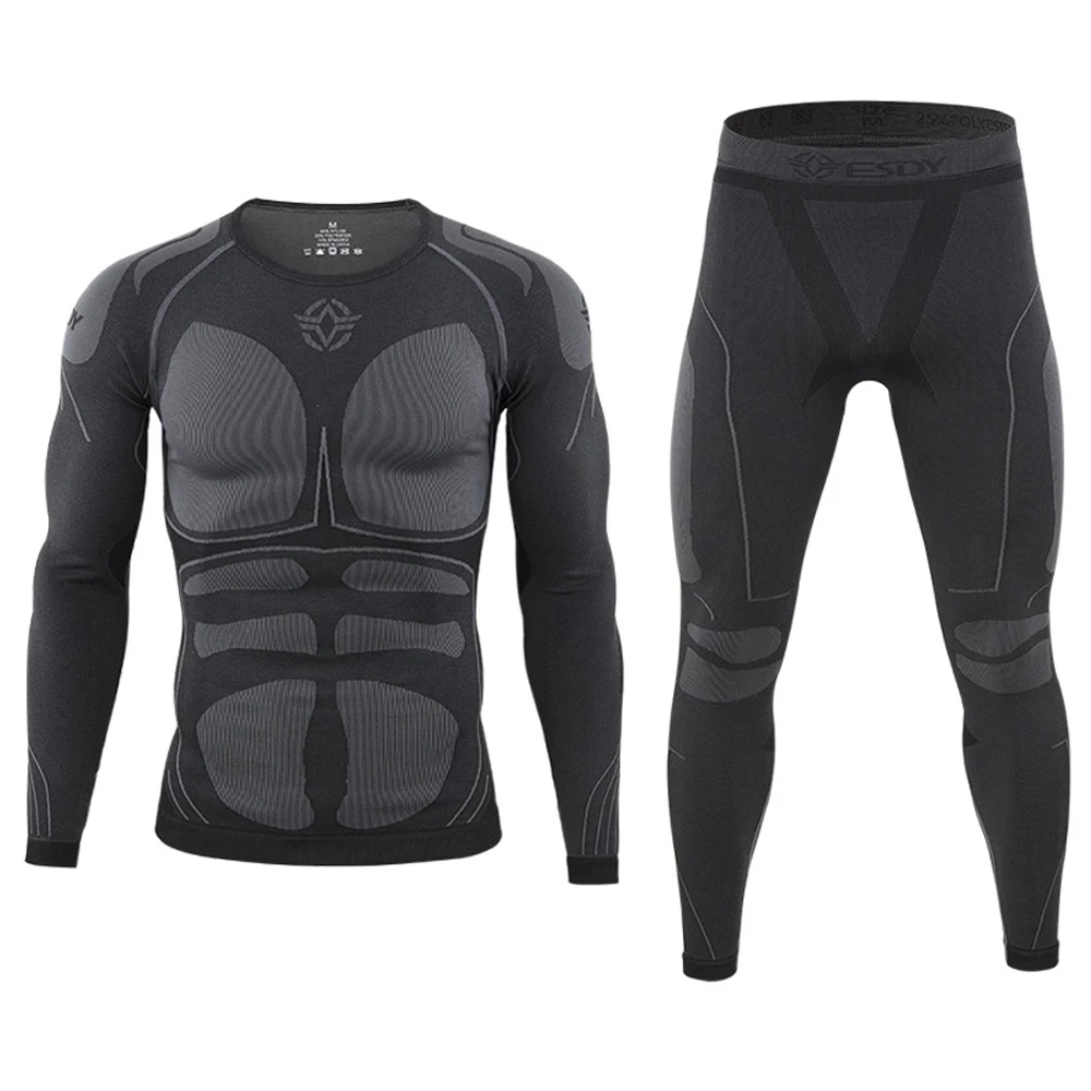 Outdoor sports thermal underwear men riding clothes suit breathable wicking clothes seamless tight fitness tactical shirt+pants