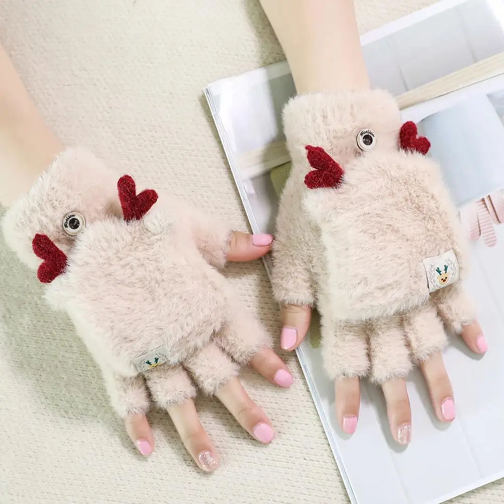 Winter Knitted Mittens  Women's Full & Half Finger Antlers Mittens  Winter Warm Gloves With Flap Cover For Home Laptop Tapping P