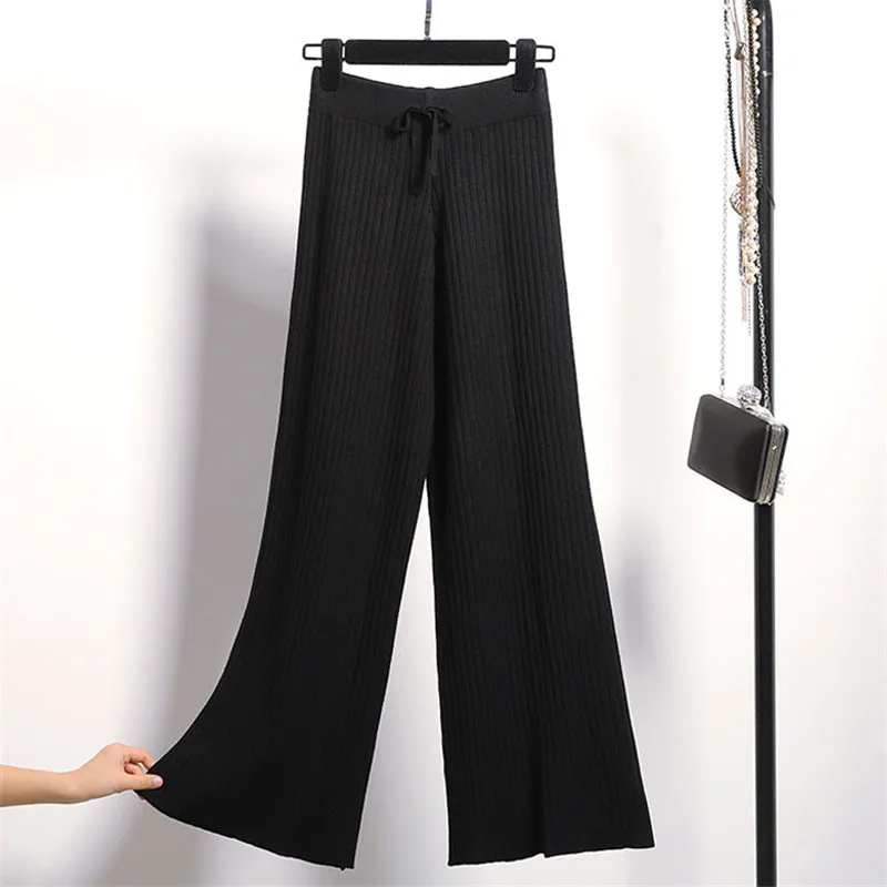 

2019 Winter New THICK Casual Straight pants women female drawstring Loose Knitted wide leg pants casual Trousers