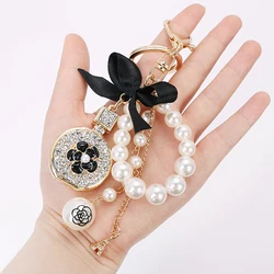 Bow-Knot Resin Pearl Perfume Crystal Bottle Iron Tower Chain Beads Keychain Car Key Bag Charm Accessories Women Keyring Gift