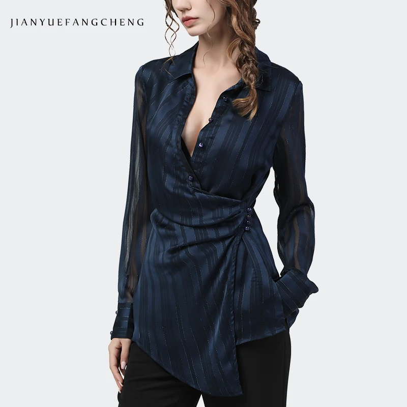 Long Women Chiffon Top Irregular Shirt Dark Blue Striped Long Sleeve Turn-down Collar Shirt Fashion Korean Female Blouses