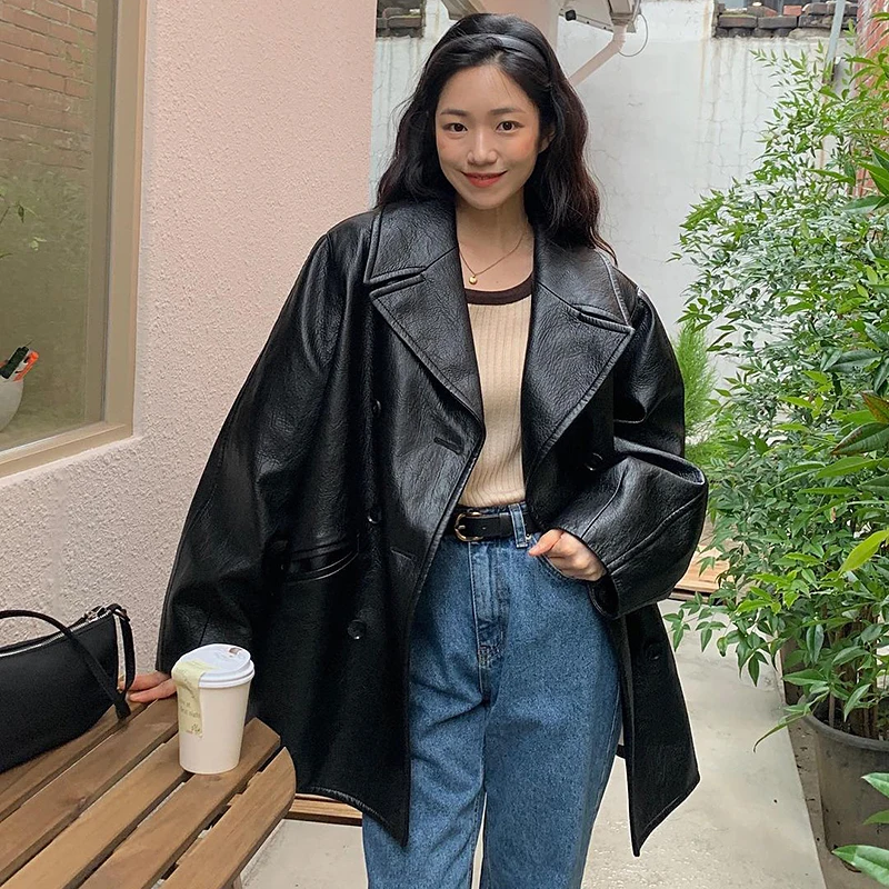 Vintage Double Breasted Faux Leather Jacket Women Big Pocket 2024 Autumn Loose Casual Lapel Long Sleeve Black Motorcycle Jacket