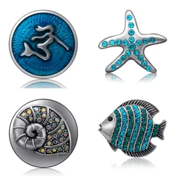 New Blue Mermaid Fish conch Starfish dolphin Round metal 18MM snap buttons fit 18mm snap bracelet snap jewelry wholesale